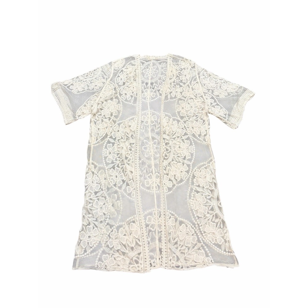 Kimono Duster Womens Small Ivory Sheer Lace Embroidered Open Front Boho‎ Fairy - Picture 2 of 8